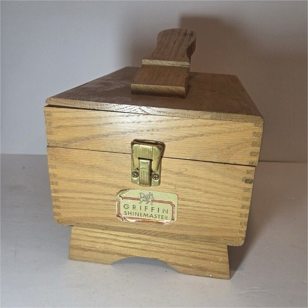Vintage Griffin Shoe Shine Kit Wooden Box w/ Brushes & 2 Polish Tins Red  Black